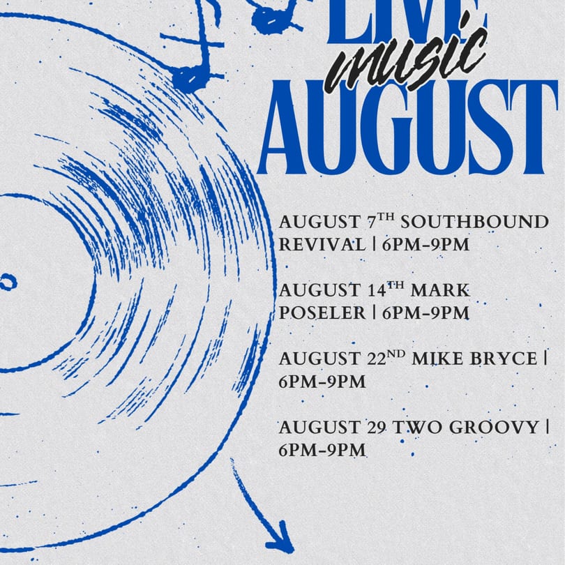 Live Music August schedule with a blue vinyl record graphic and musical notes on a white background.